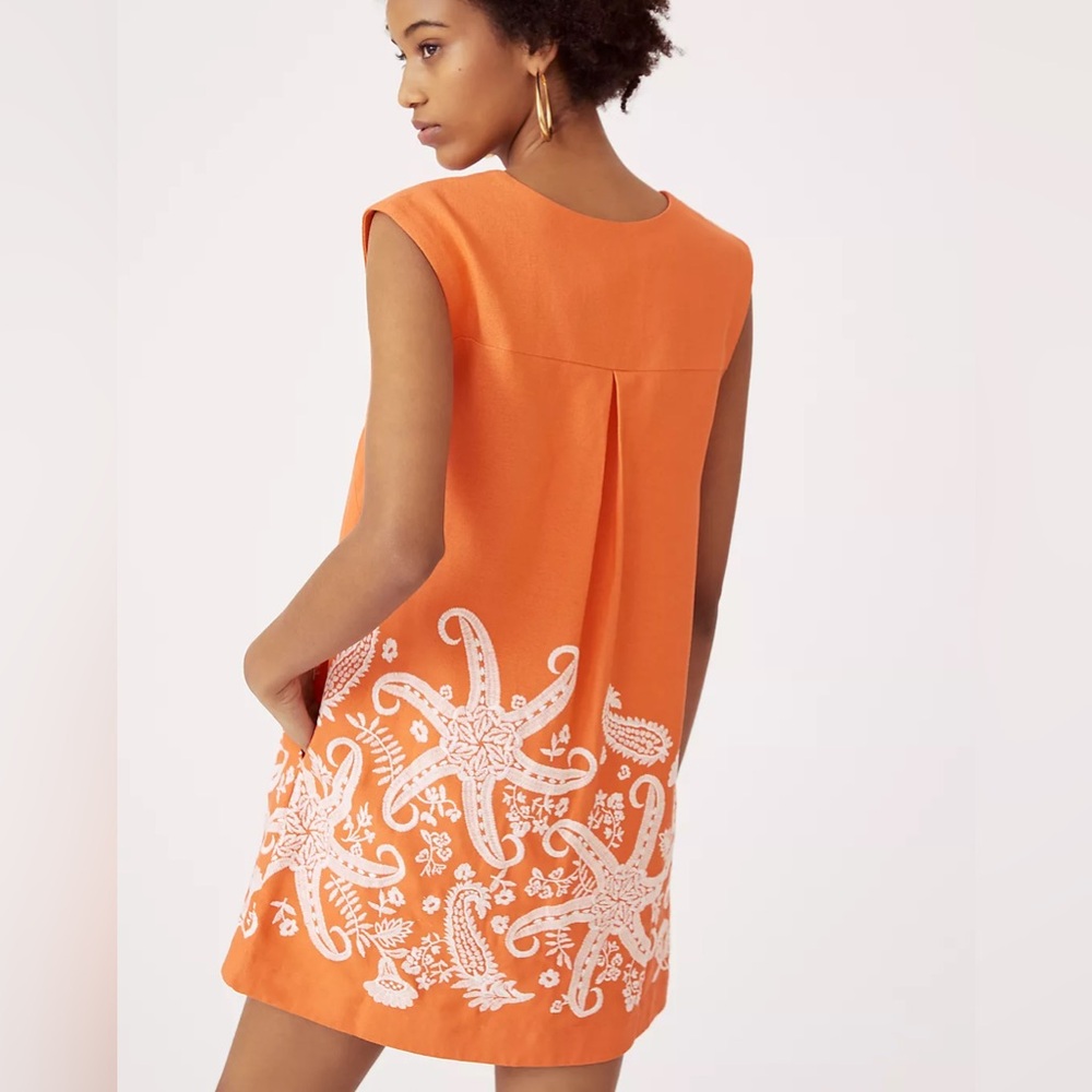Anthropologie Orange Mini Dress with White Embroidery